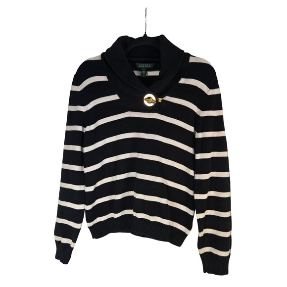 Lauren Ralph Lauren Large Striped Knit Sweater Shawl Collar Gold Hardware - Picture 1 of 9
